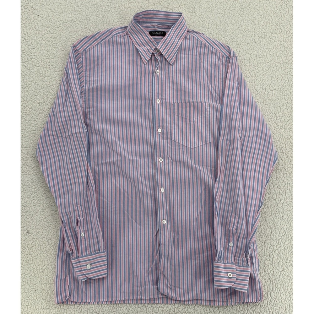 CANALI Men Size XL Striped Button Down Dress Shirt Pink Blue Cotton Made iItaly